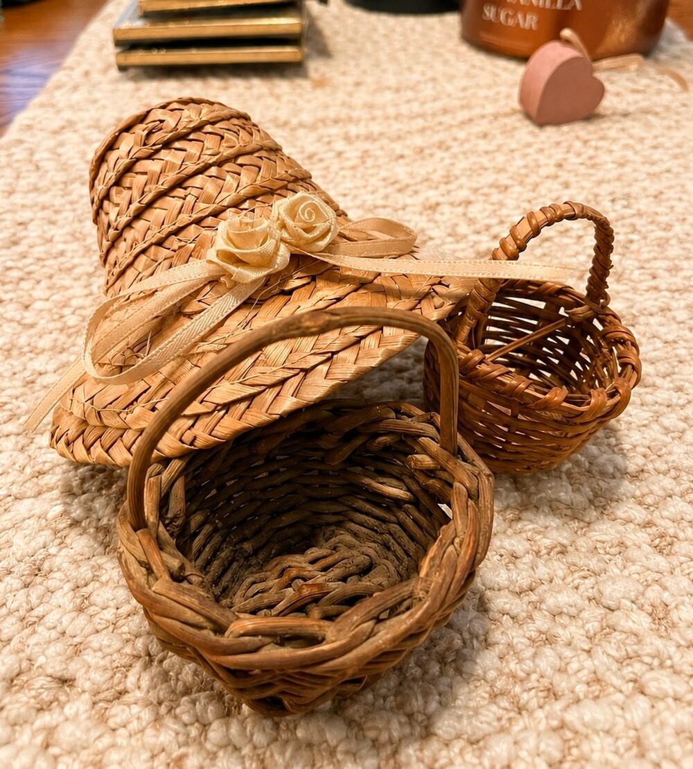 Miniature Wood Basket Set and Straw Hat